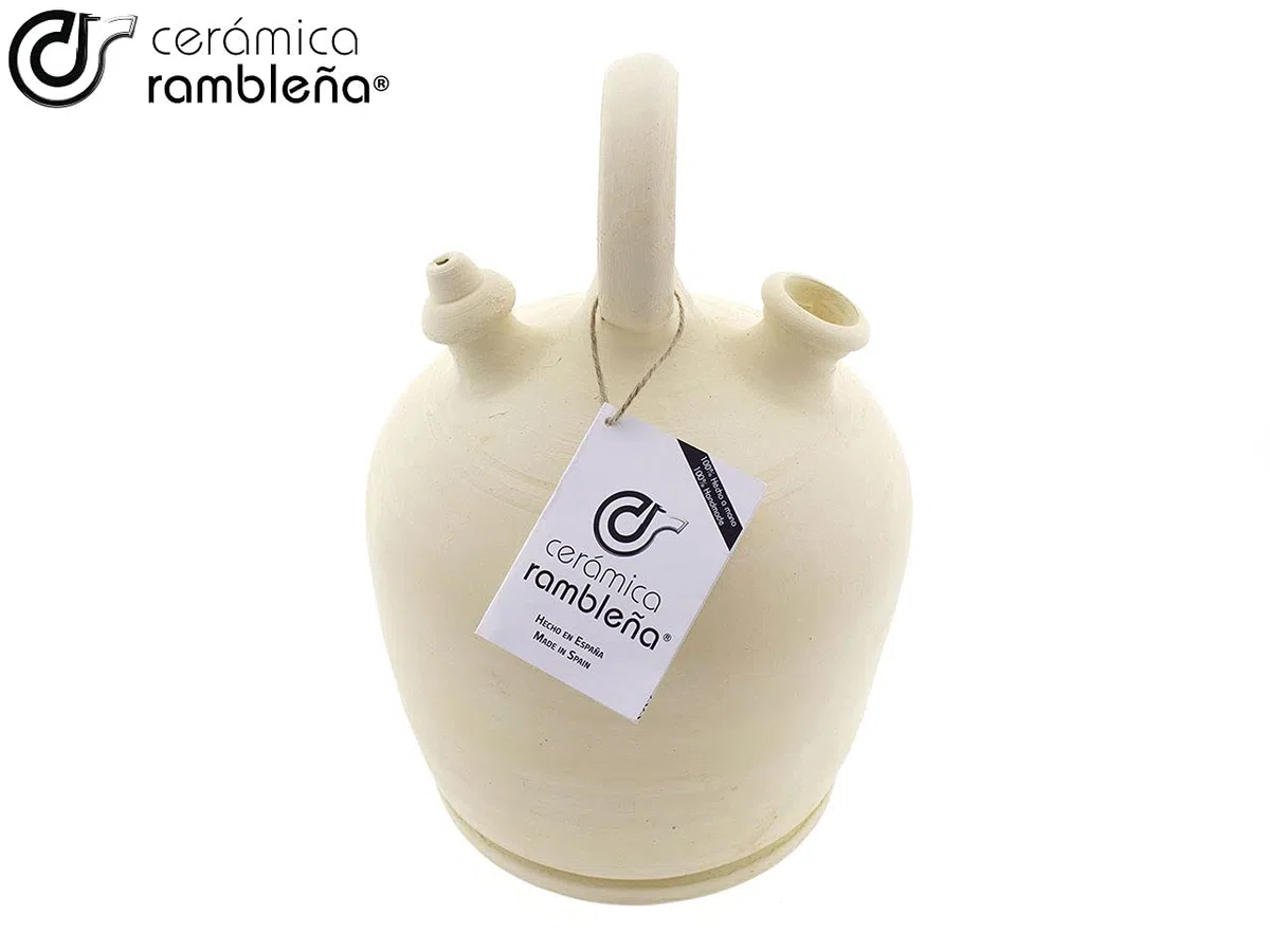 CERÁMICA RAMBLEÑA | Botijo de Barro Tradicional asa Redonda Base Ancha de La Rambla (Córdoba) | 100% Hecho a Mano | 3 litros | Eco | Plato NO Incluido