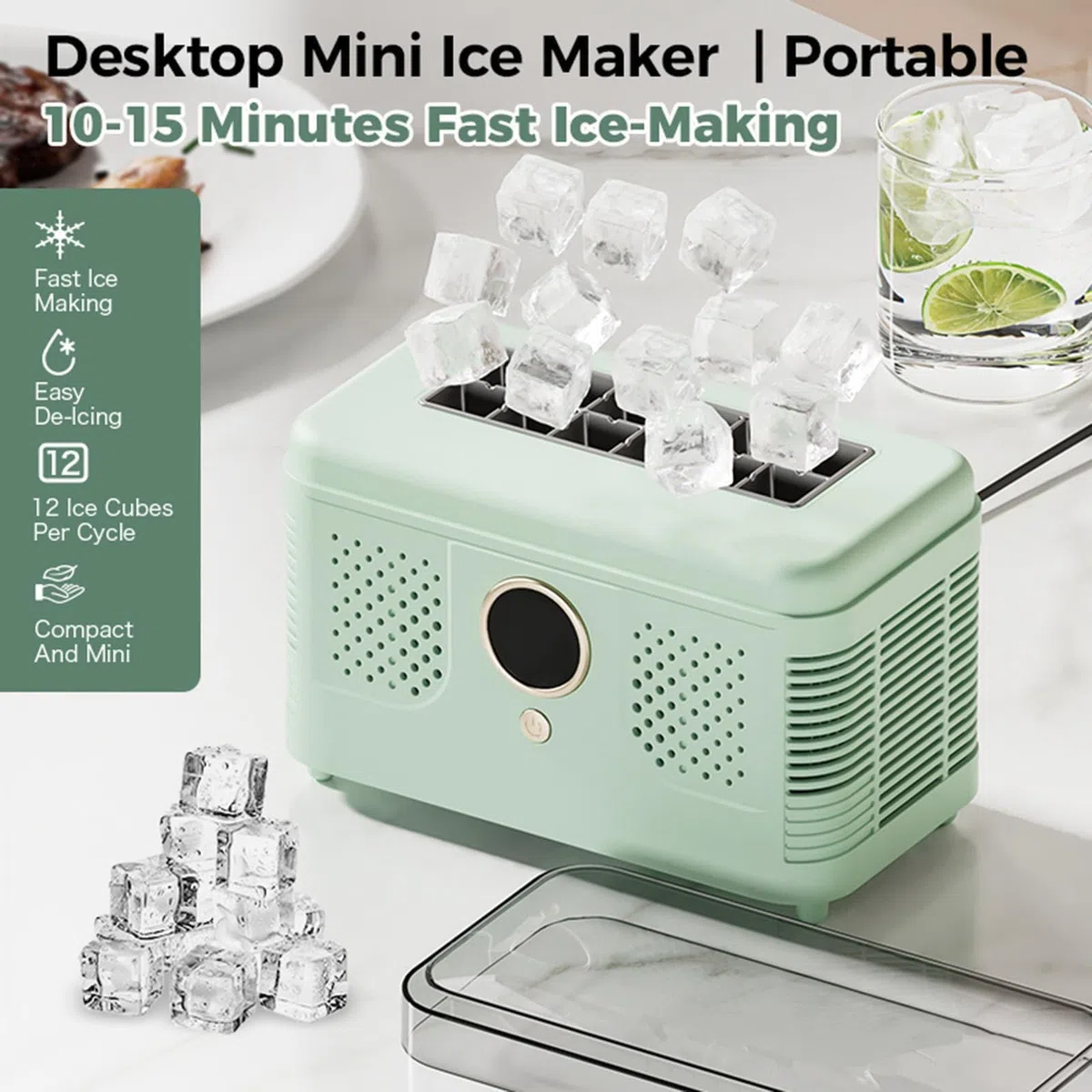 Mini Máquina De Hielo Portátil, 12 Cubos En 15-20 Minutos, Máquina Compacta De Hielo De Escritorio, con Alimentación para Coche, Fabricación De Hielo Automática Y Fácil Liberación