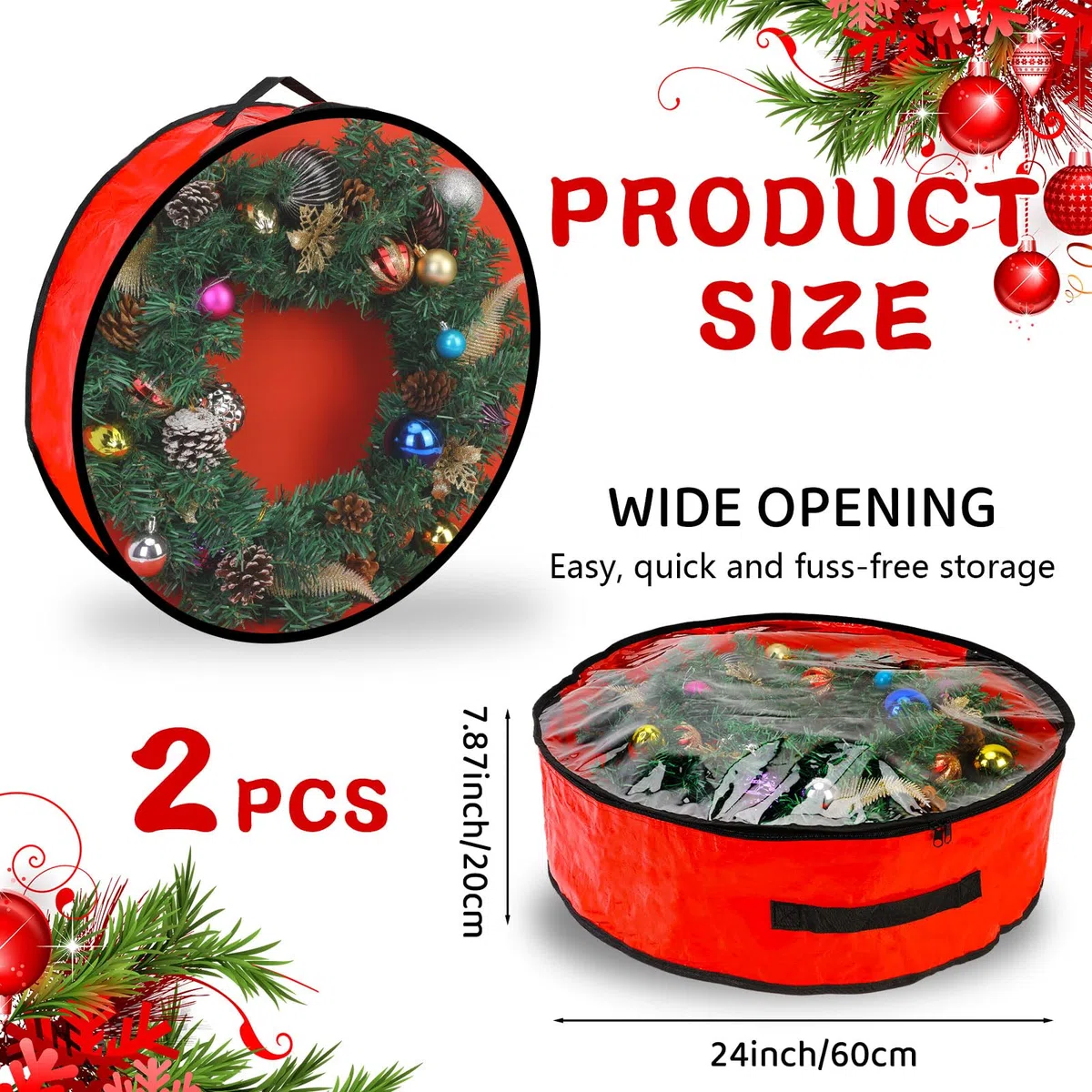 Pwsap 2 Paquetes Bolsa de Almacenamiento de Coronas Navideñas - 24 Pulgadas, Estuches de Guirnaldas de Coronas Navideñas Material Impermeable y Duradero con Cremallera Adornos Navideños, Rojo