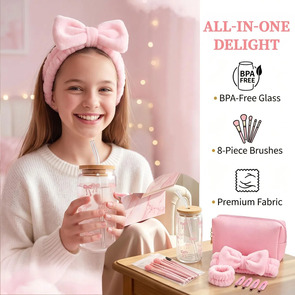rosa Caja de regalo para niñas adolescentes 9-16 años, set de regalos de cumpleaños con vaso de vidrio, pajita, tapa, brochas de maquillaje, neceser, horquilla, conjunto de diademas