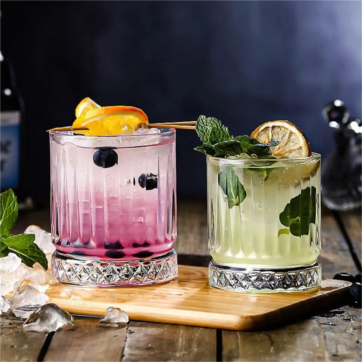 Vasos De Cristal Agua Juego de 2 uds de copas de cristal de fondo grueso, copa de cóctel de 230ml/370ml, copa transparente de vino a rayas(230ml)