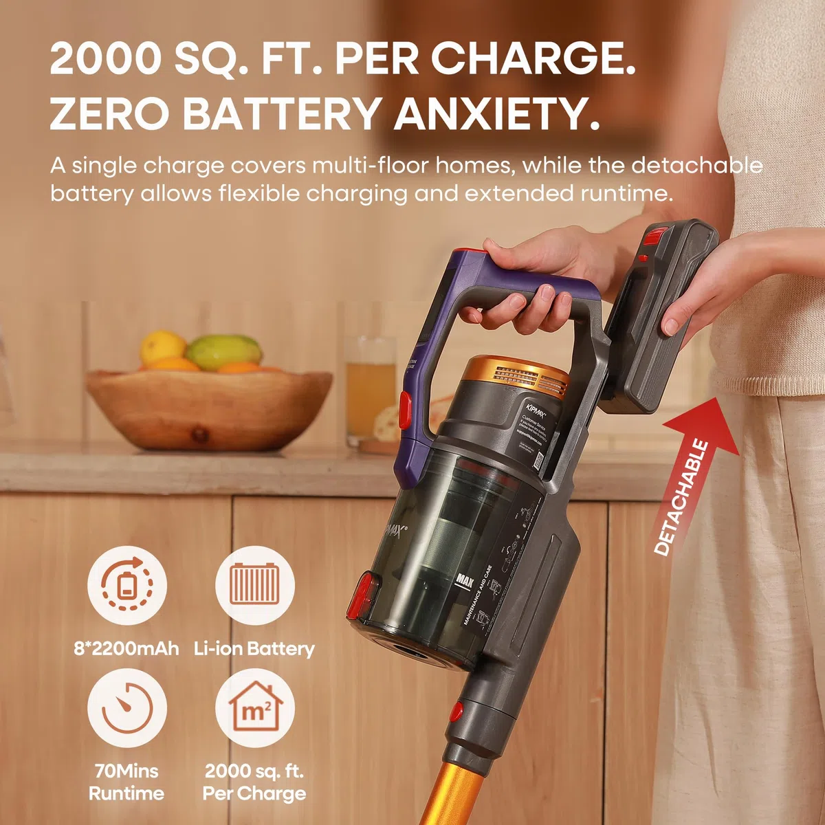 KIPMAX Aspirador Escoba Inalámbrico, para Suelos Duros, Alfombras, Animales y Coche, 550 W/50 KPa/70 Mins Aspirador Inalámbrico Potente, con Base de Carga y Almacenamiento, Perfumado, Cepillo