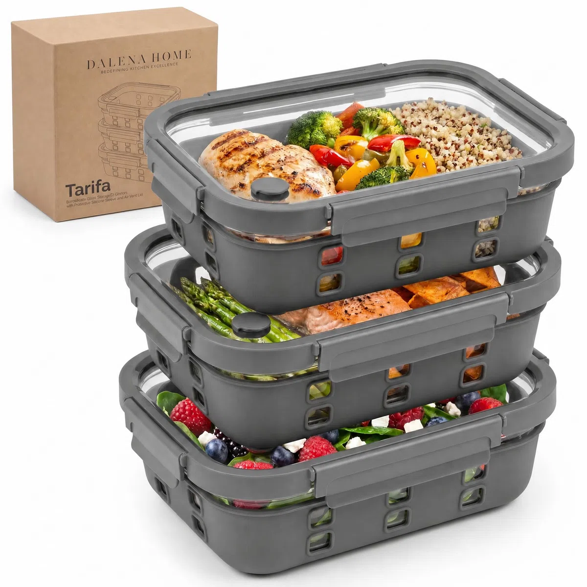 Fiambreras de Cristal Borosilicato – Set Meal Prep 3x1520 Mililitros, Recipientes Herméticos Apilables, Aptos para Microondas con Válvula de Vapor, Funda Silicona Anti-Impacto