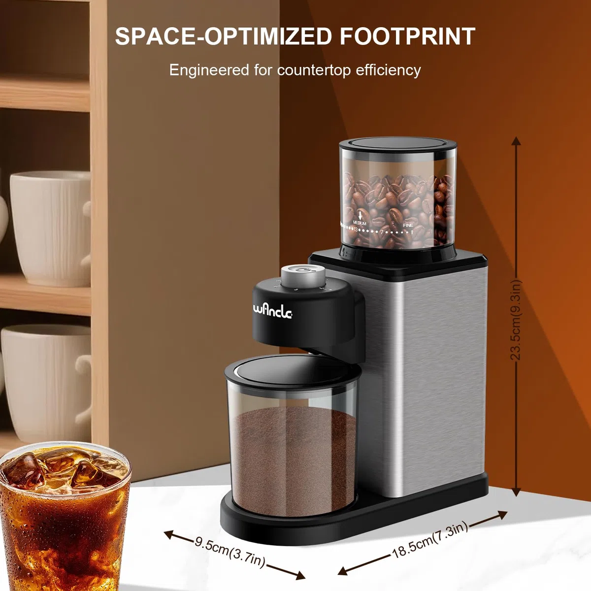 Wancle Molinillo de Café Eléctrico con conos - 25 Niveles de Molienda Ajustables para Espresso/French Press/Filtro, Capacidad 2-12 Tazas, Silencioso & Antiadherente con Soplador, Acero Inoxidable
