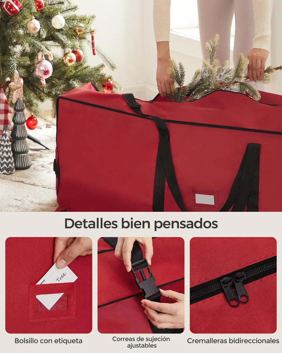 SONGMICS Bolsa de Almacenamiento para Árbol de Navidad con Ruedas de 40 mm, Bolsa Rodante, hasta 274 cm, para Árbol de Navidad Desmontado, Asas Ajustables, Tejido Oxford 600D, Rojo Cereza RXS004R01