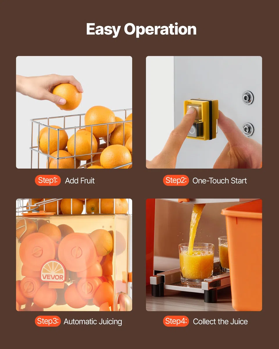 VEVOR Exprimidora de Naranjas Comercial 120 W de Acero Inoxidable y PC, Eléctrica, Con 2 Recipientes Recolectores, Capacidad para Hasta 20 Naranjas por Minuto, Para Limones y Cítricos 55-80 mm