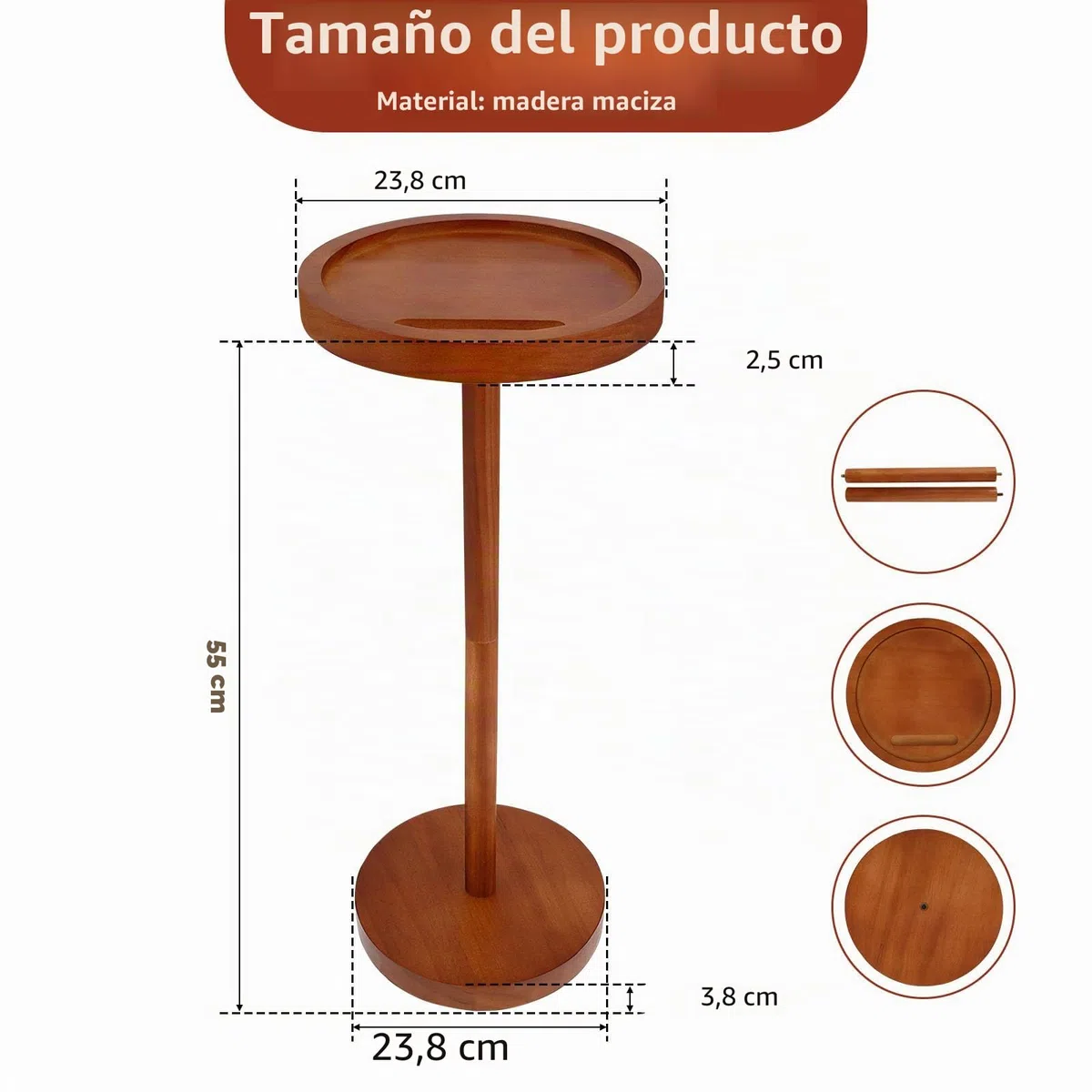 NIHUIFDPY Mesa auxiliar pequeña redonda de madera con soporte para teléfono, 23,8 x 55 cm, mesita de noche, sofá, mesas auxiliares para espacios pequeños, sala de estar, dormitorio, balcón y patio