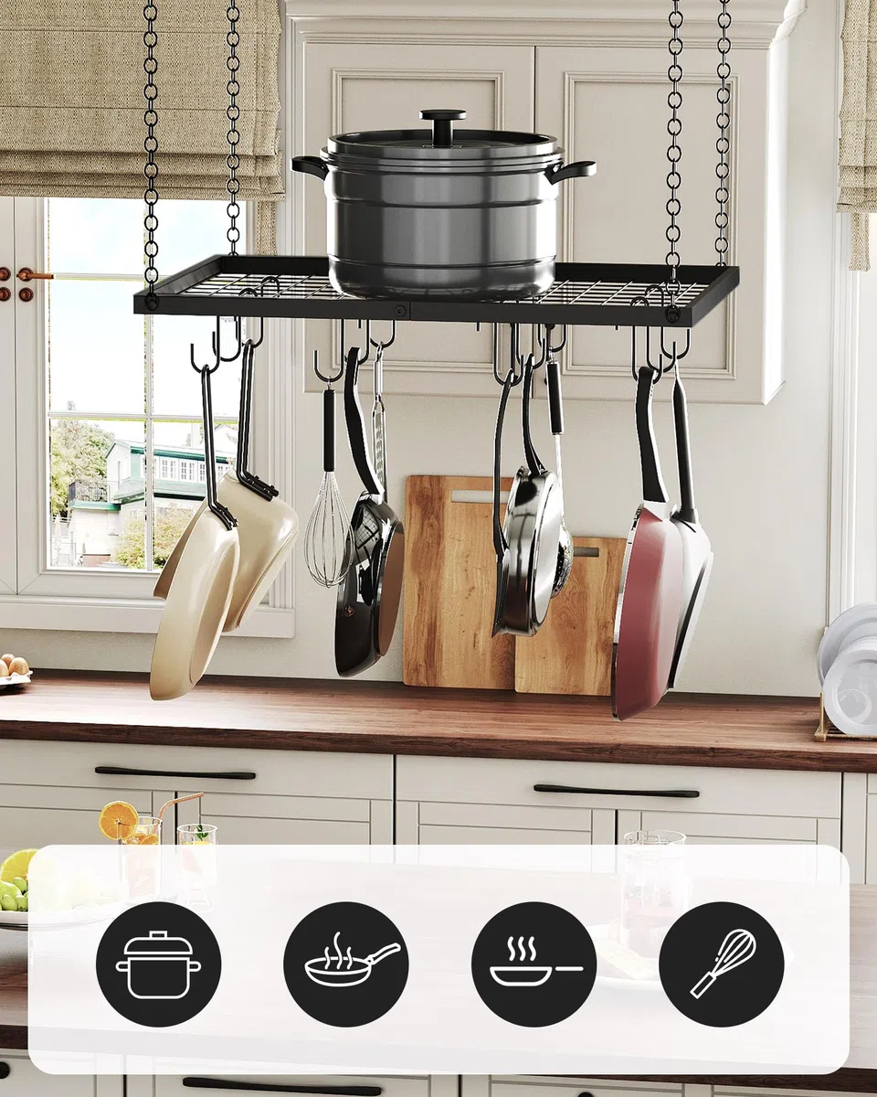 CHOEZON Estante colgante para ollas, colgador de ollas montado en el techo para cocina, organizador de almacenamiento de utensilios de cocina de metal con 12 ganchos, para almacenamiento de utensilios