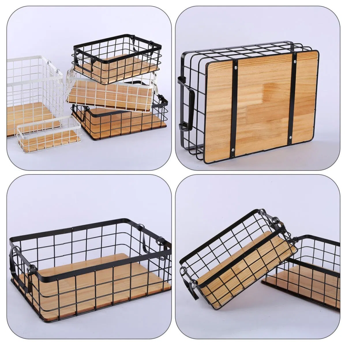 Operitacx Cesta de Hierro y Madera de Almacenamiento Rectangular Diseño Simple para Organizar Frutas y Snacks Color Negro en Cocina o Escritorio