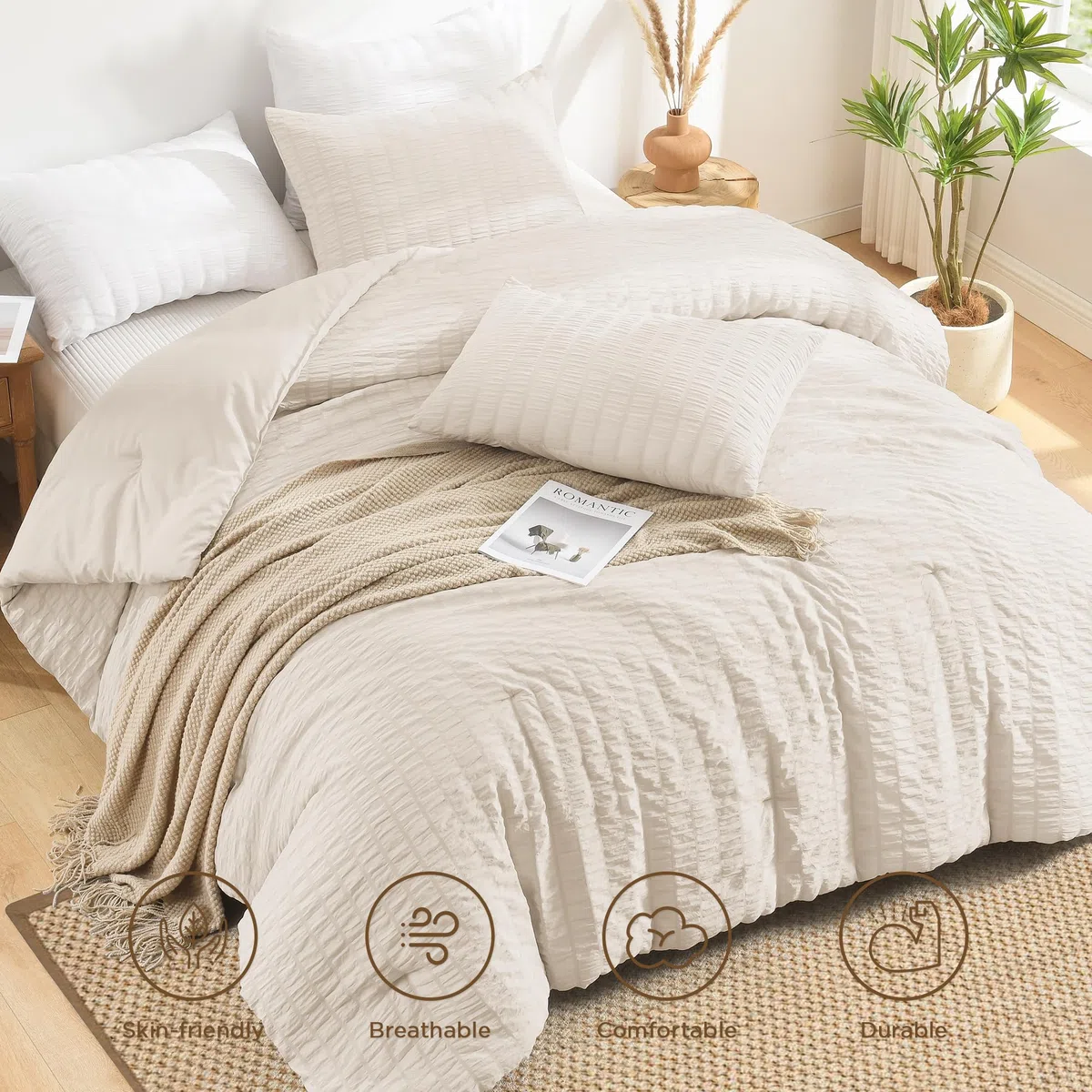 AveLom Juego de edredón Beige Seersucker Queen (90 x 90 Pulgadas), 3 Piezas, 100% Microfibra Lavada Suave y Ligera con 2 Fundas de Almohada, Juego de edredón Alternativo para Todas Las Estaciones