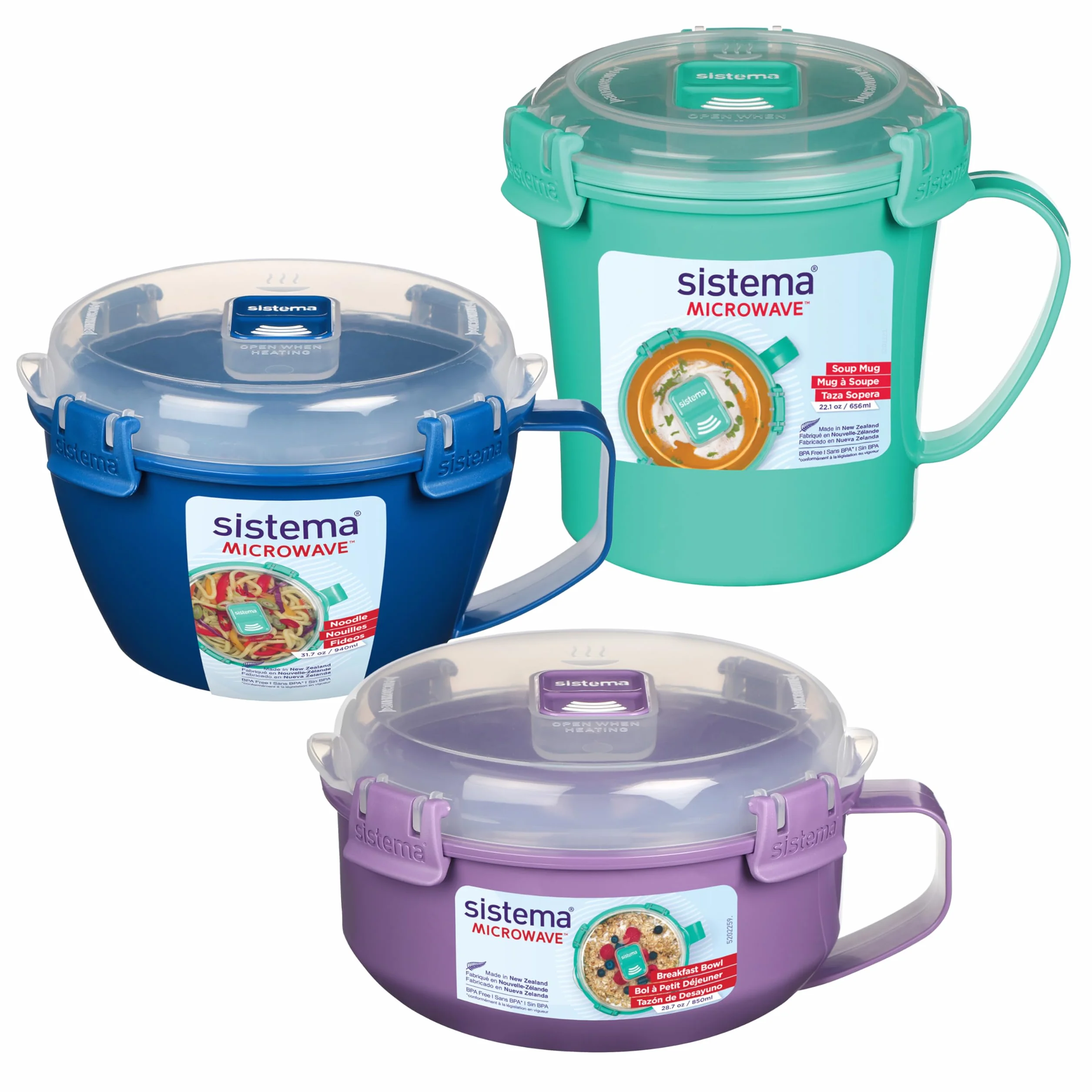 Sistema Recipientes para microondas | Taza para sopa para microondas, bol para gachas y bol para fideos | Recipientes para microondas con válvulas de liberación de vapor | Sin BPA | 3 unidades