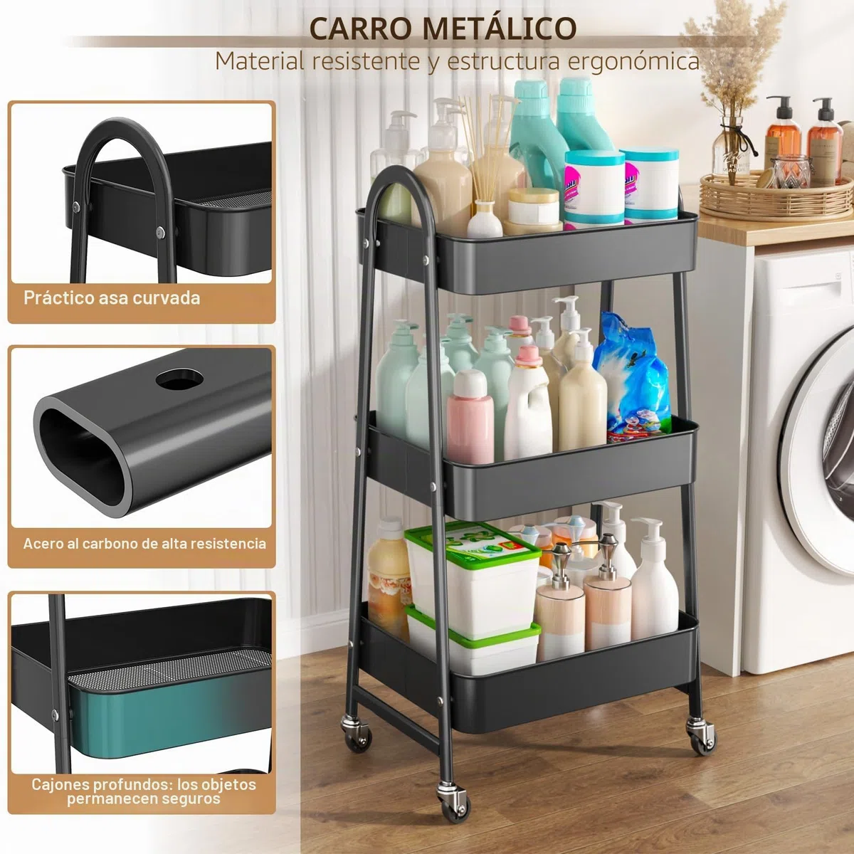 Carrito de Almacenamiento de Metal, Carro de Cocina Metalico con Ruedas, Carrito Auxiliar Multiuso 3 Niveles, Ideal para Frutas, Verduras, Cocina, Salón, Blanco