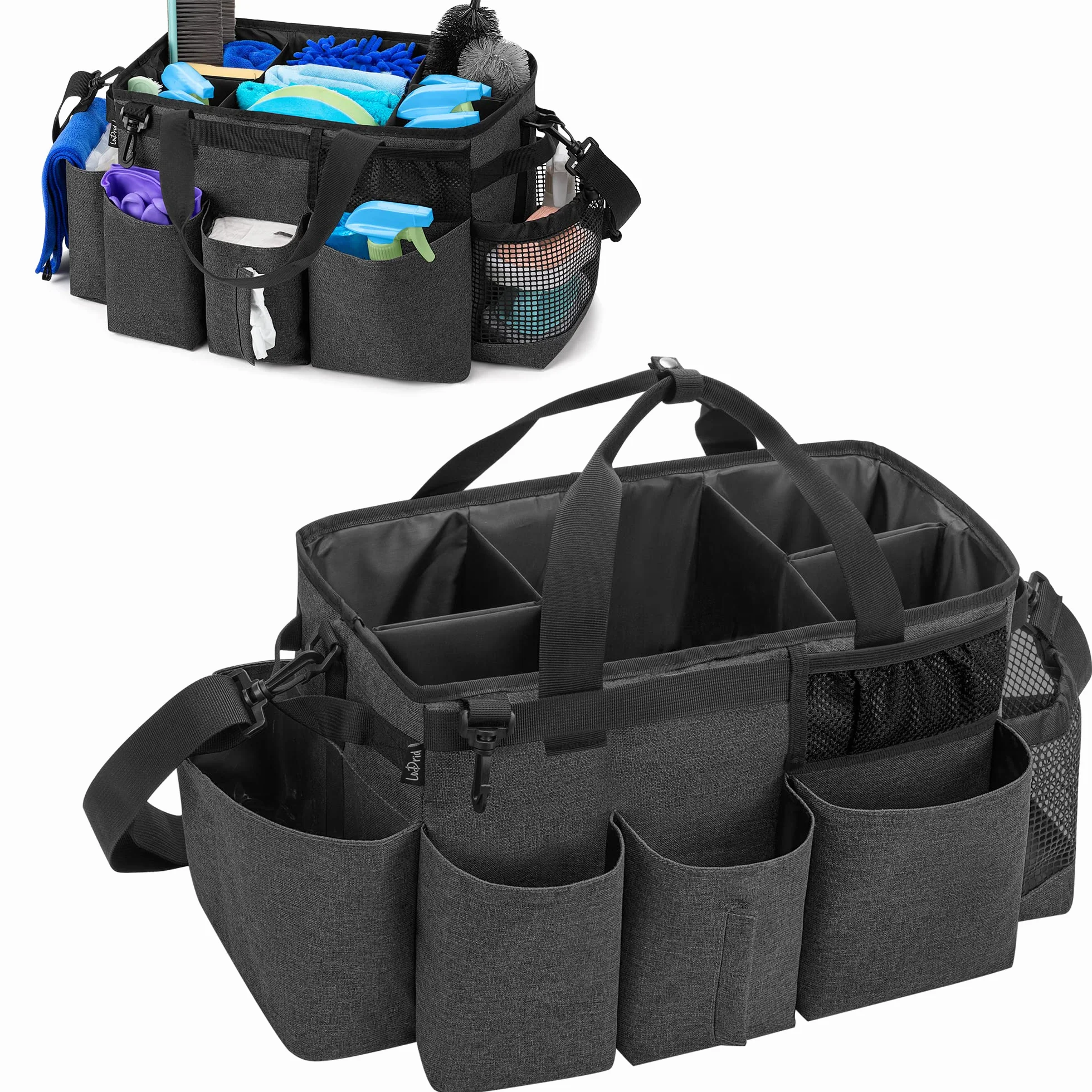 LoDrid Bolsa organizadora de artículos de limpieza, negra | Organizador portátil de artículos de limpieza con asas laterales y correa para el hombro (solo la bolsa)