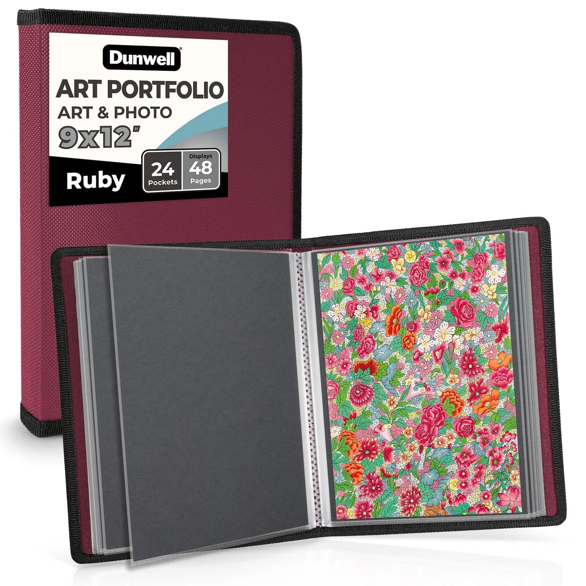 Dunwell Carpeta de arte de 9 x 12 pulgadas (rubí), papel de montaje negro, carpeta para obras de arte, carpeta de arte de 9 x 12 pulgadas, 24 bolsillos, 48 páginas, libro de presentación de poliéster