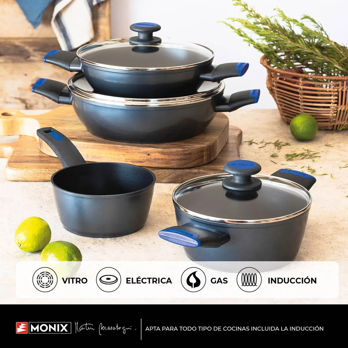 MONIX Martín Berasategui | Batería de cocina 7 piezas, Aluminio Forjado con Antiadherente, sin PFOA, Apta para todo tipo de Cocinas incluida Inducción