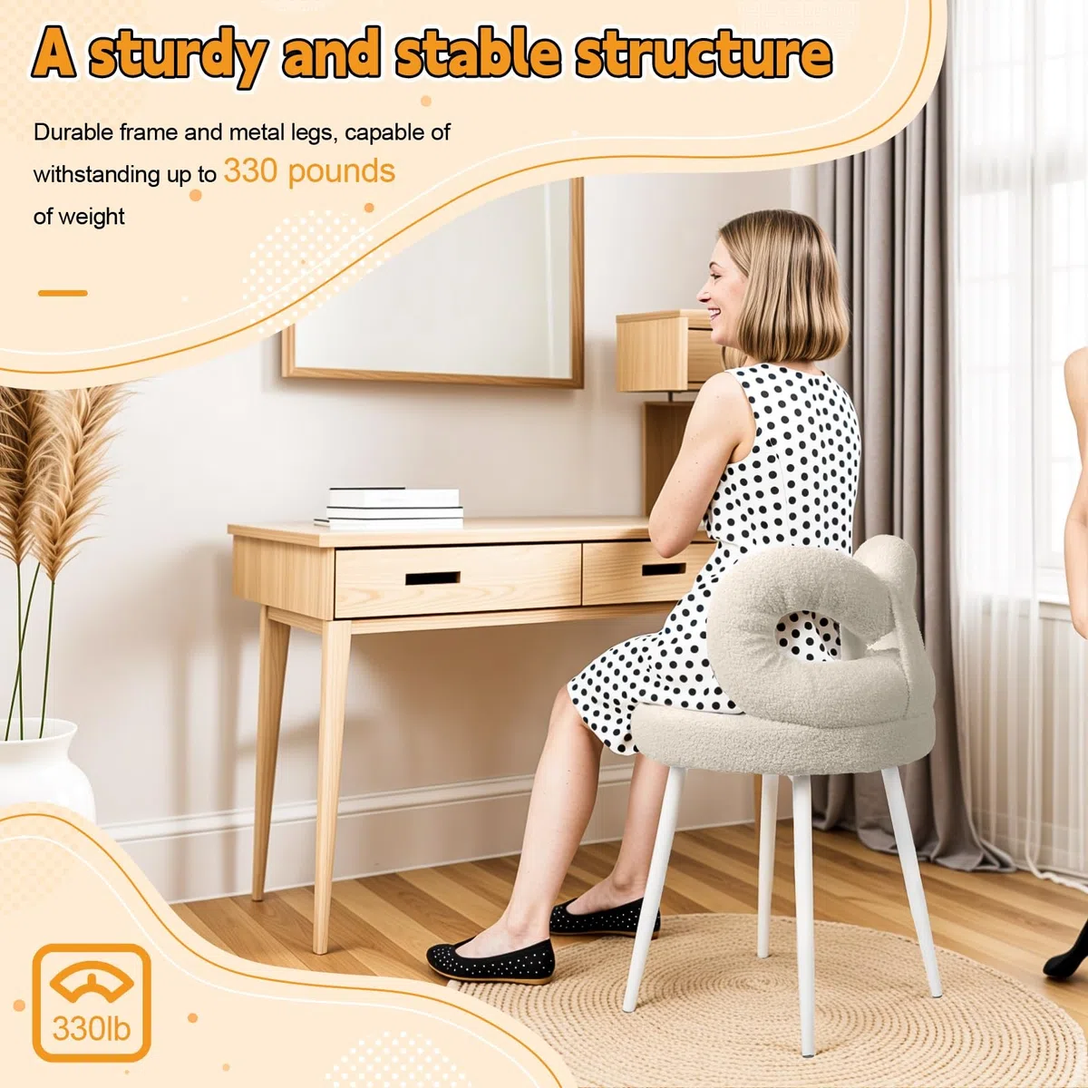 Taburete de tocador pequeño con respaldo de lazo, almohadillas para los pies, silla de vestidor sin brazos sin ruedas para mujeres y niñas, silla de maquillaje con respaldo para dormitorio