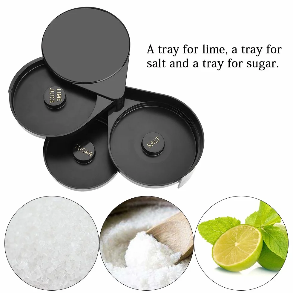 Escarchador de copas de 3 niveles, bandeja acrílica para sal, azúcar y lima, juego de escarchador de margaritas, caja compacta para escarchador de azúcar y sal,