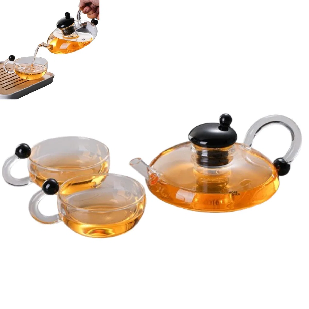 Tetera de 700 ml, juego de tetera de vidrio calentable, con infusores, para té suelto, tetera de cristal (1 olla + 2 tazas de té)
