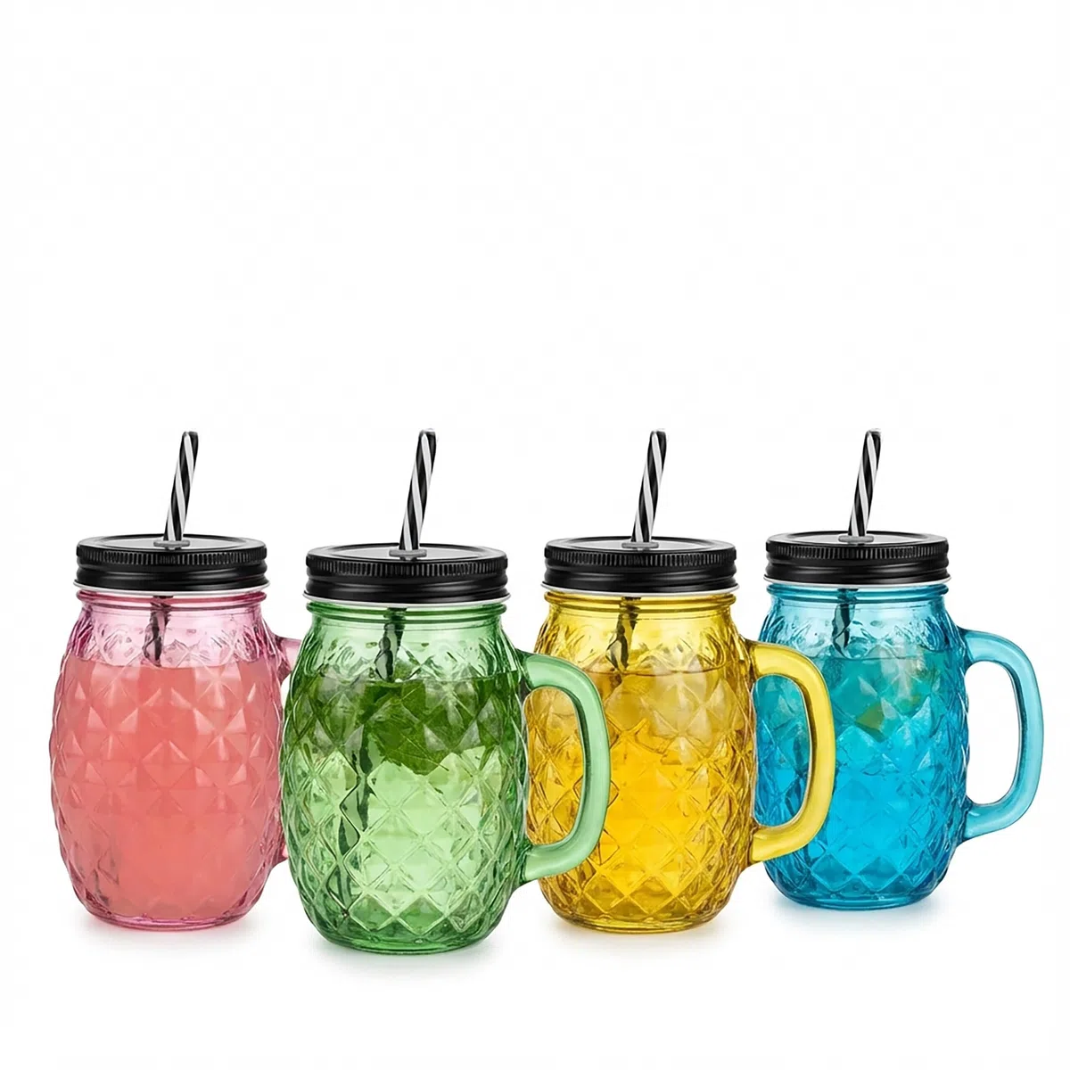 Relaxdays Vasos con Tapa y Pajita, Set de 4, 500 ml, diseño piña, asa, Cristal Coloridos, 12.5x12x9 cm