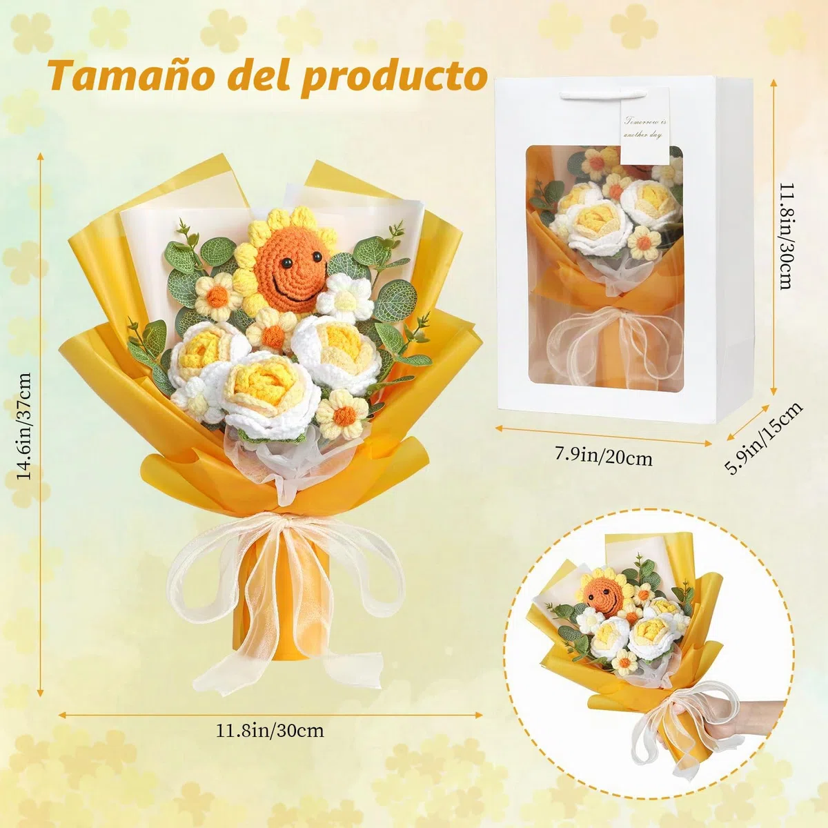 Ramo de Flores de Ganchillo Hecho a Mano Rosas Artificiales de Girasol Flores Tejidas a Mano Arreglos Florales Falsos Regalo para Día de la Madre Cumpleaños Graduación Boda Hogar Decoración