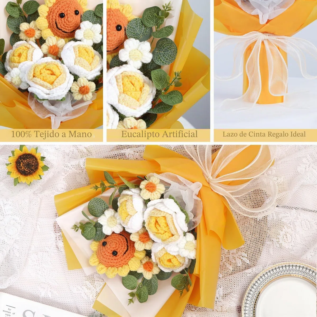 Ramo de Flores de Ganchillo Hecho a Mano Rosas Artificiales de Girasol Flores Tejidas a Mano Arreglos Florales Falsos Regalo para Día de la Madre Cumpleaños Graduación Boda Hogar Decoración