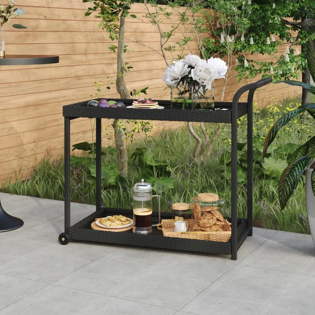 Carrito de bar negro de ratán sintético con marco de acero recubierto de polvo, 4 ruedas, con espacio de almacenamiento y estante para comedor y terraza (100 x 45 x 83 cm), color negro