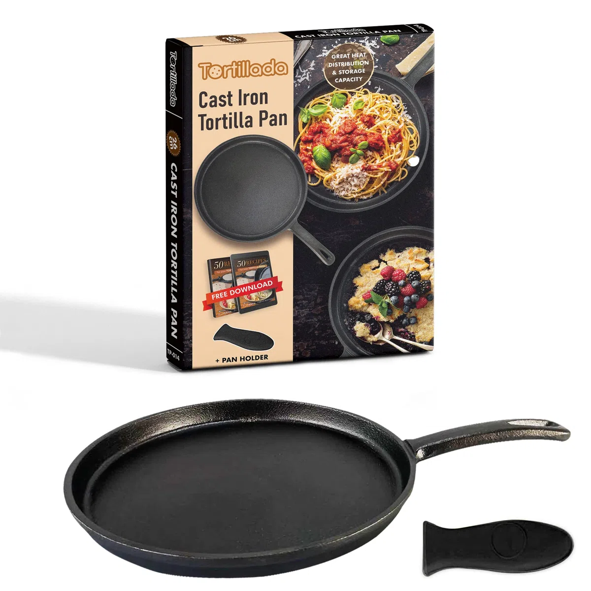 Tortillada – 26cm Plancha/Sartén de hierro fundido sazonado para Crepes + Soporte para mango caliente + E-book con 50 Recetas con Tortillas