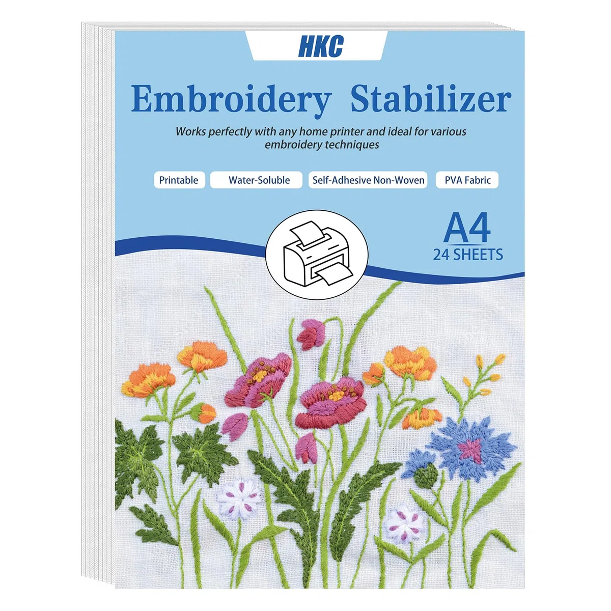 HKC Estabilizador de Bordado Autoadhesivo soluble en Agua, 24 piezas A4 (29,7 x 21 cm) Papel de Bordado Imprimible o Patrón de Dibujo, Papel Soluble para Bordar para Bordado a Mano y a Máquina