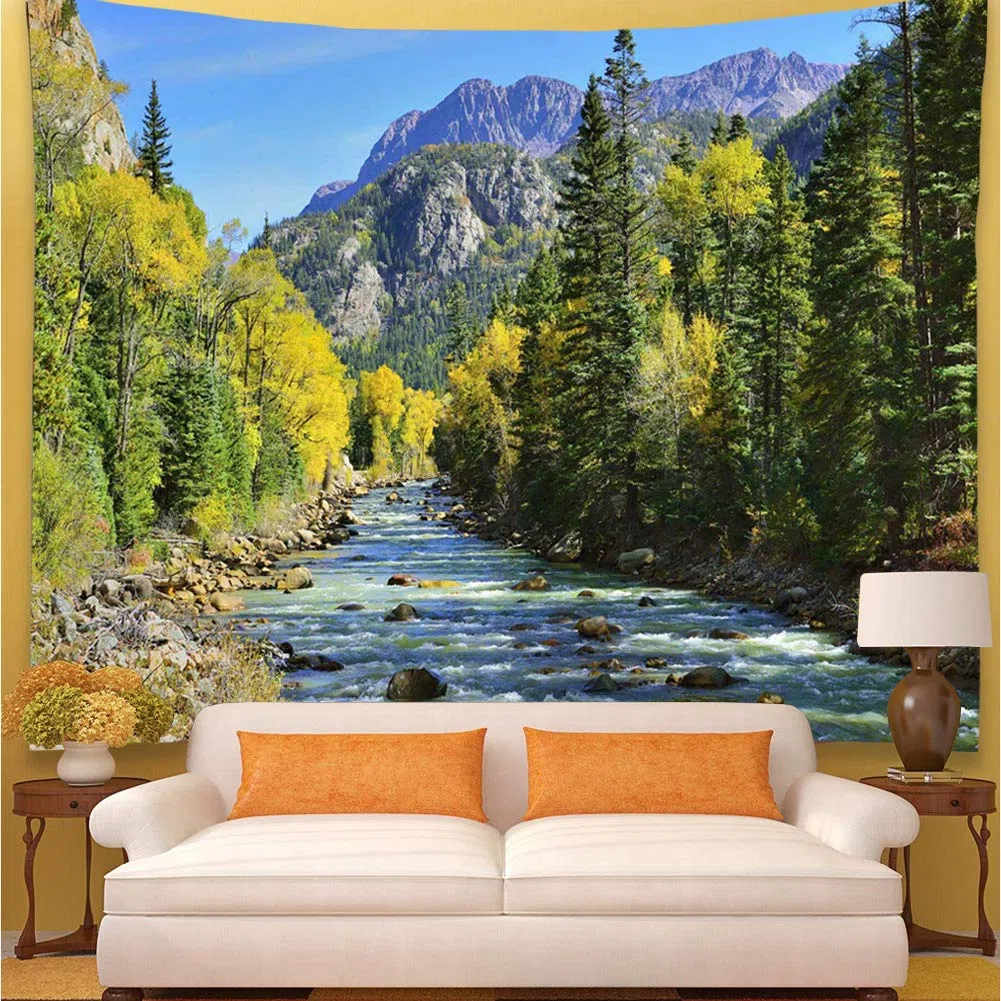 YISURE Tapiz de pared de bosque de montaña corriente, paisaje de la naturaleza pintoresca verde pino árbol de pared Tapices 274 x 208 cm para dormitorio sala de estar