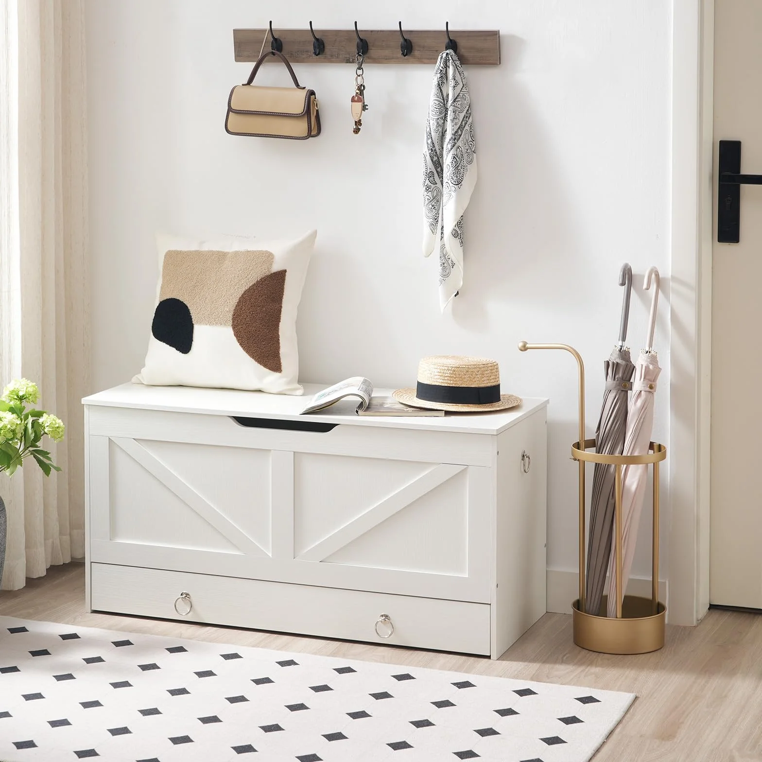 HOOBRO Taburete de Almacenamiento y Banco para Zapatos, 100 cm, Cajón, Carga 100 kg, Bisagras de Seguridad, Apertura U, Blanco EWT710CW01G1