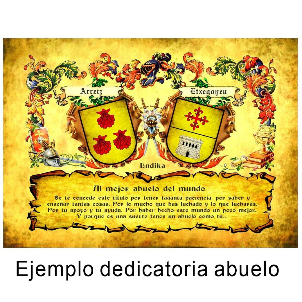 Heráldica de 2 apellidos y dedicatoria con texto personalizado por el cliente, impreso en papel fondo tipo pergamino en tamaño DIN A-3