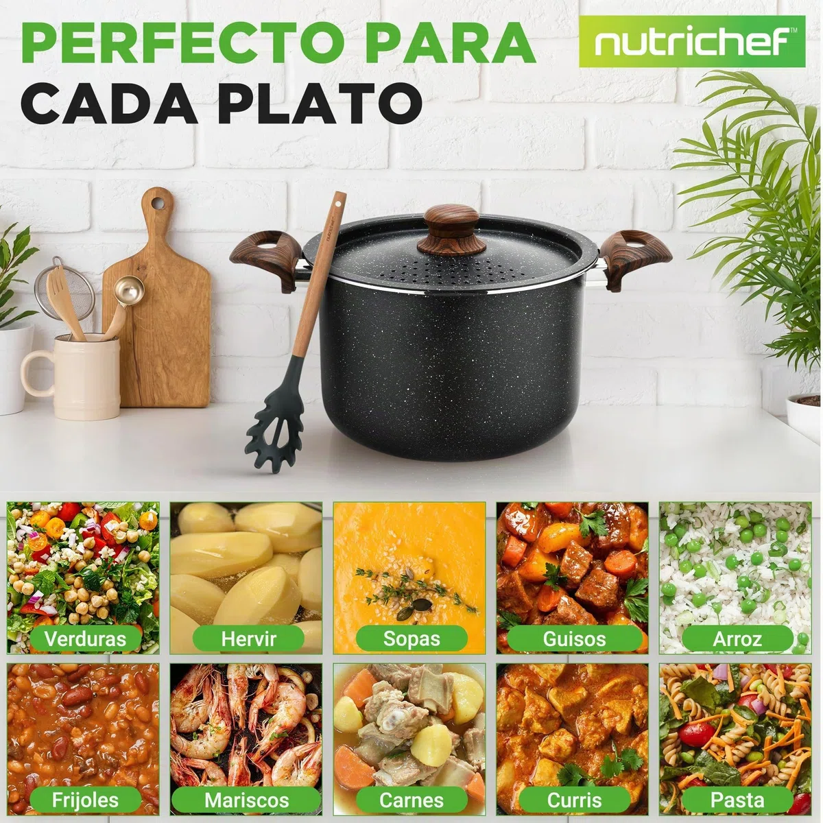 Nutrichef Olla para pasta con tapa coladora, 4.8L, Tenedor incluido, Antiadherente, Mangos resistentes al calor, Facil de limpiar