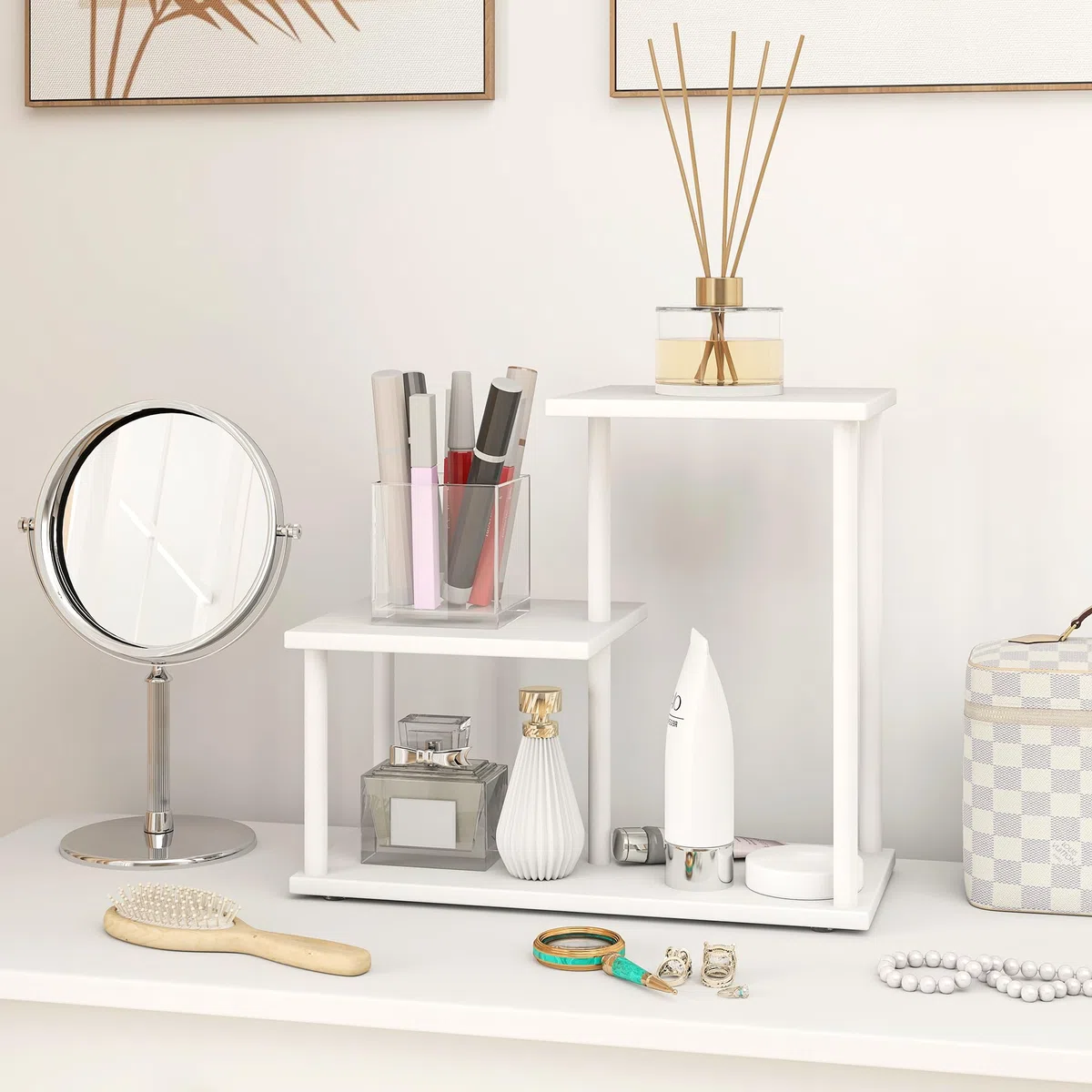 HOMCOM Estantería Efecto Madera Estantería Librería de 3 Niveles Estilo Moderna con Estructura de Metal Estante de Almacenamiento para Escritorio Oficina Cocina 40x20x34,5 cm Blanco
