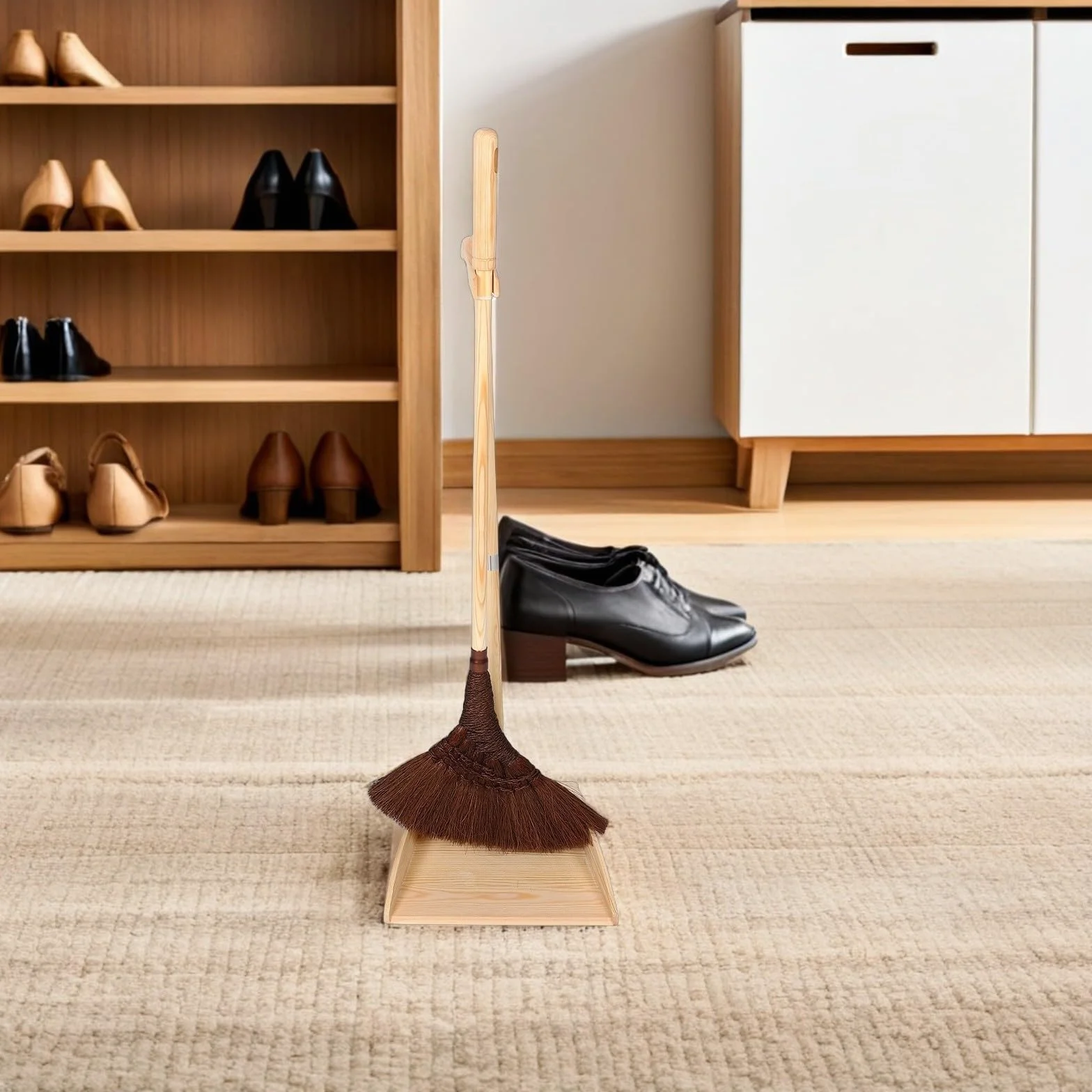 Juego de Broom y Recogedor de Madera Diseño Artesanal Vintage, para Limpieza sin Rayones en Hogar y Garaje