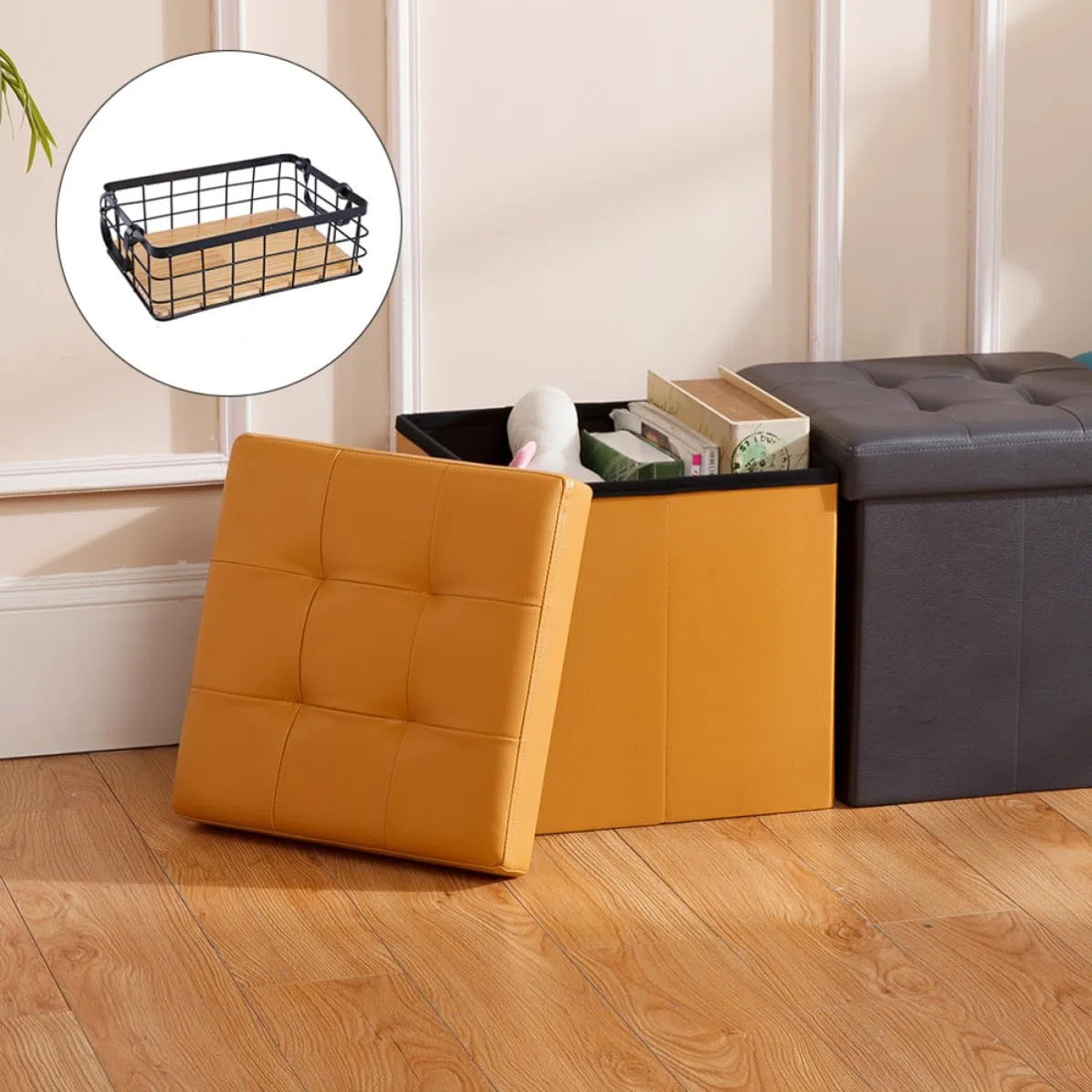 Operitacx Cesta de Hierro y Madera de Almacenamiento Rectangular Diseño Simple para Organizar Frutas y Snacks Color Negro en Cocina o Escritorio