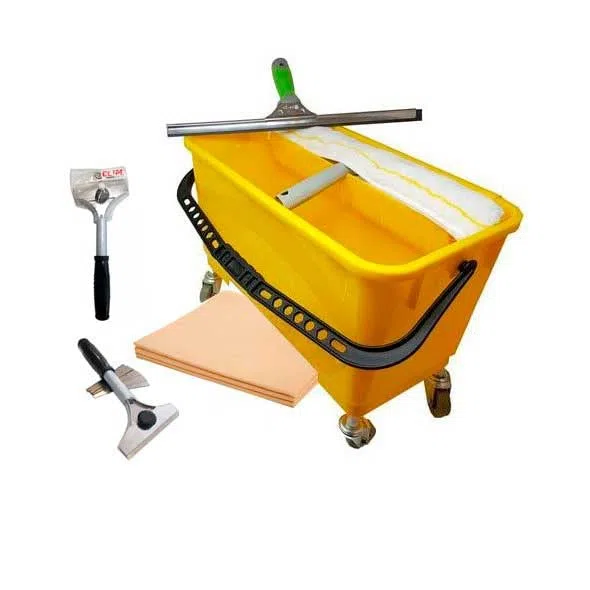 Clim Profesional Kit Limpia Cristales Completo con Cubo Escurridor, Mojador 35cm, Rasqueta 35cm, Bayeta y Rascadores. Limpieza de Cristales de Calidad