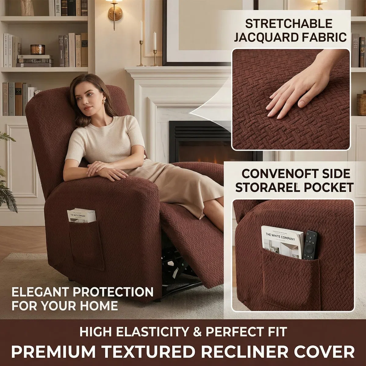 MeYuxg Funda Sillon Relax Reclinable, 4 Piezas Funda Butaca 1 Plaza Elástica Antideslizante, con Protectores para Reposabrazos y Bolsillos Laterales (Café Profundo)