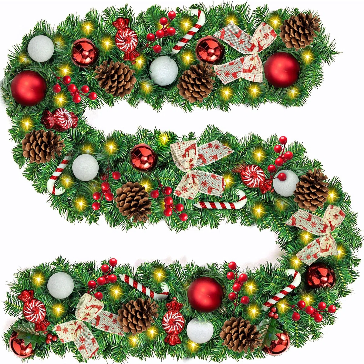 Guirnalda de Navidad 2.7m Artificial con 45 Adornos y 50 Luces LED - Decoración Navideña para Interiores/Exteriores y Patios