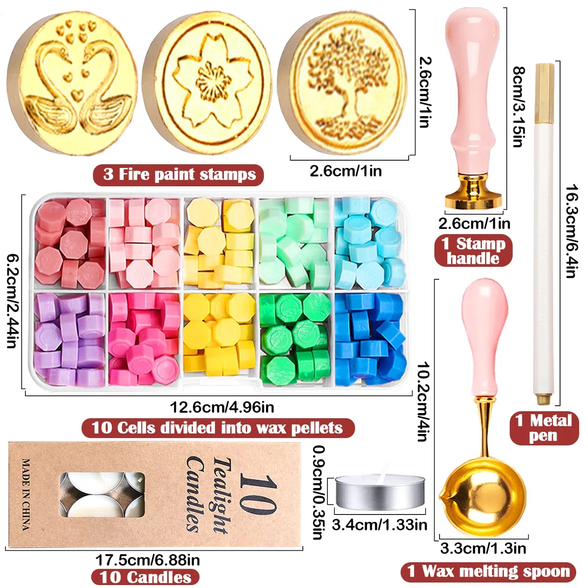 RUIJIE Kit de Sello de Lacre, 150 Perlas de Cera de Sellado de 10 Colores, 3 Sello de Cera, 1 Cucharas para Derretir, 10 Velas de Té, 1 Bolígrafo, para Sobres, Invitaciones de Boda, Regalo