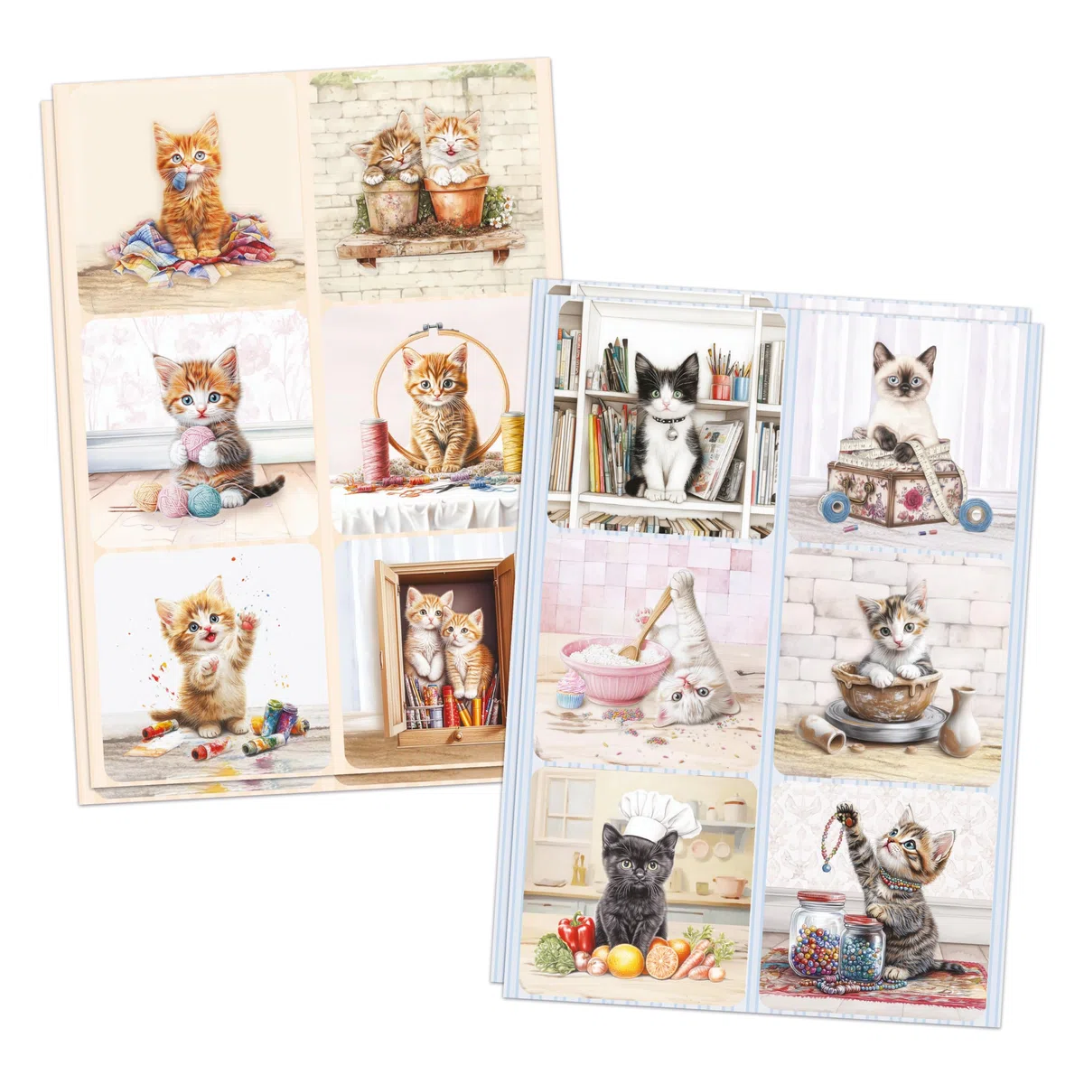 Katy Sue Crafty Kittens - Decoración de tarjetas troqueladas y colección de decoupage. 4 hojas de adornos de tarjetas con temática de gatitos y gatos y 4 hojas de decoupage troquelado a juego para