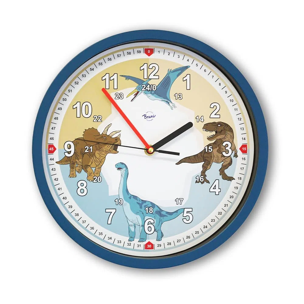 Bruni Reloj de pared infantil con diseño de dinosaurios, para niños y niñas, sin ruido de tictac, silencioso