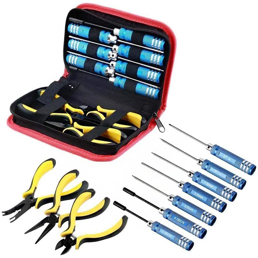 Juego de herramientas RC 10 en 1 de acero inoxidable, alicates de destornillador de manga hexagonal, kits de reparación de zócalos para coches RC, barco, cuadricóptero, helicóptero, modelos