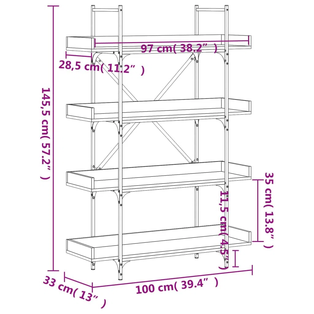 Estantería de 4 estantes roble ahumado 100 x 33 x 145,5 cm de material de madera moderna con marco de metal en X para sala de estar, dormitorio, oficina