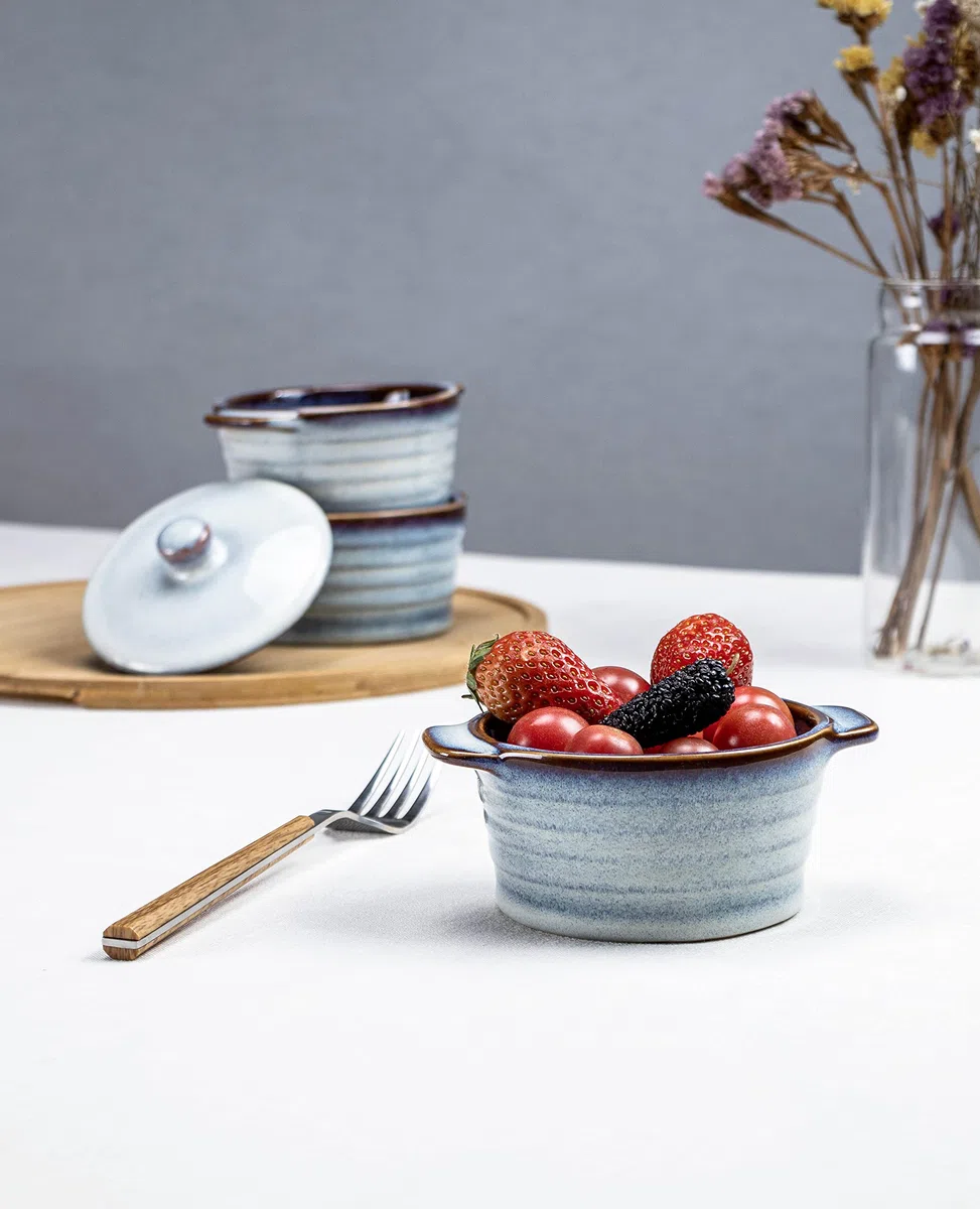 Mini Cocotte, Moldes de Gres con Tapa y Asas, Juego de 4 Platos para Horno de Cazuela para Creme Brulee Soufflé, Aptos para Horno, Cuencos para Moldes - Azul