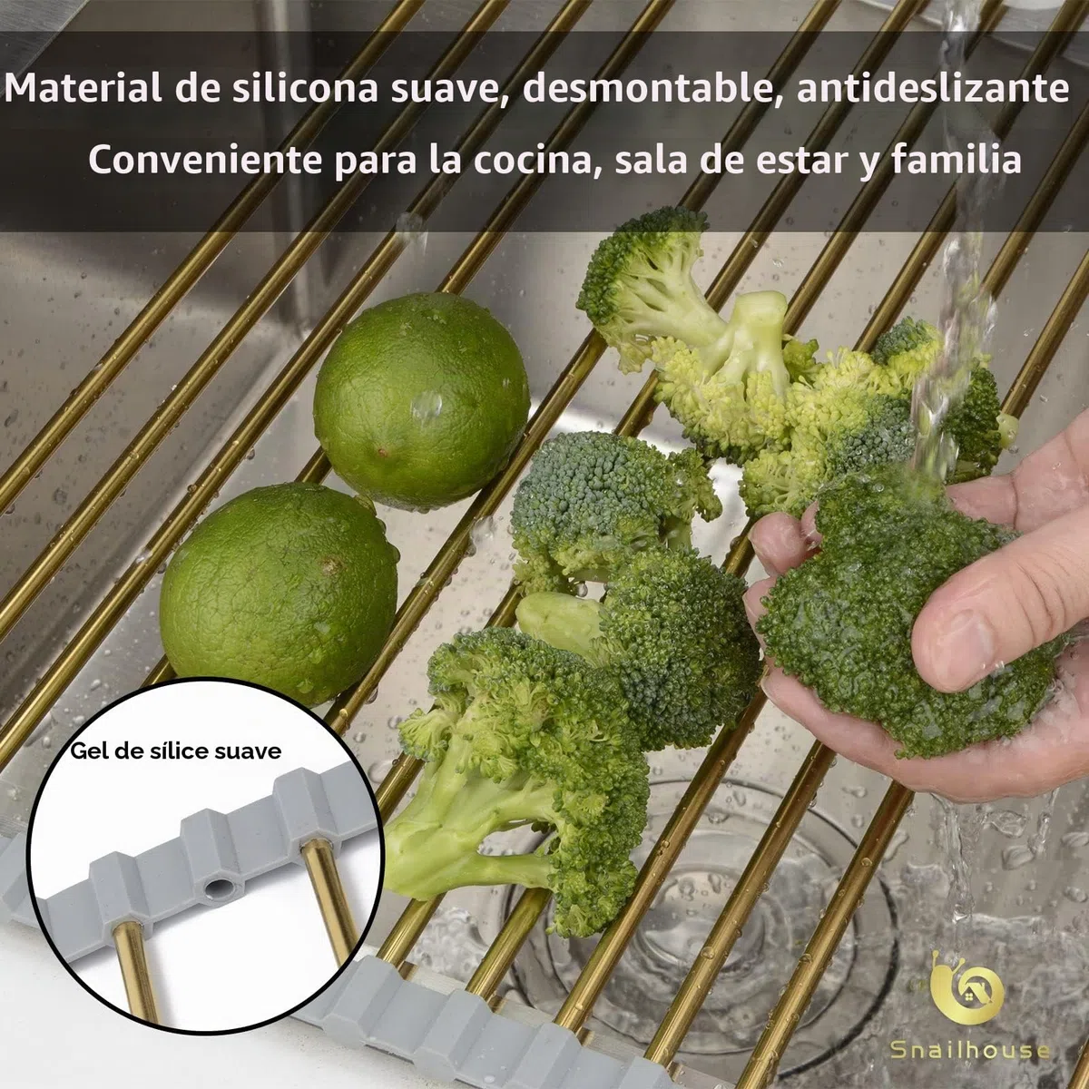 Snailhouse Escurreplatos enrollable, escurridor de platos de acero inoxidable sobre el fregadero con silicona antideslizante para encimera de cocina, dorado (17.8 x 11.8 pulgadas) | Escurreplatos de acero inoxidable sobre el fregadero con silicona antides