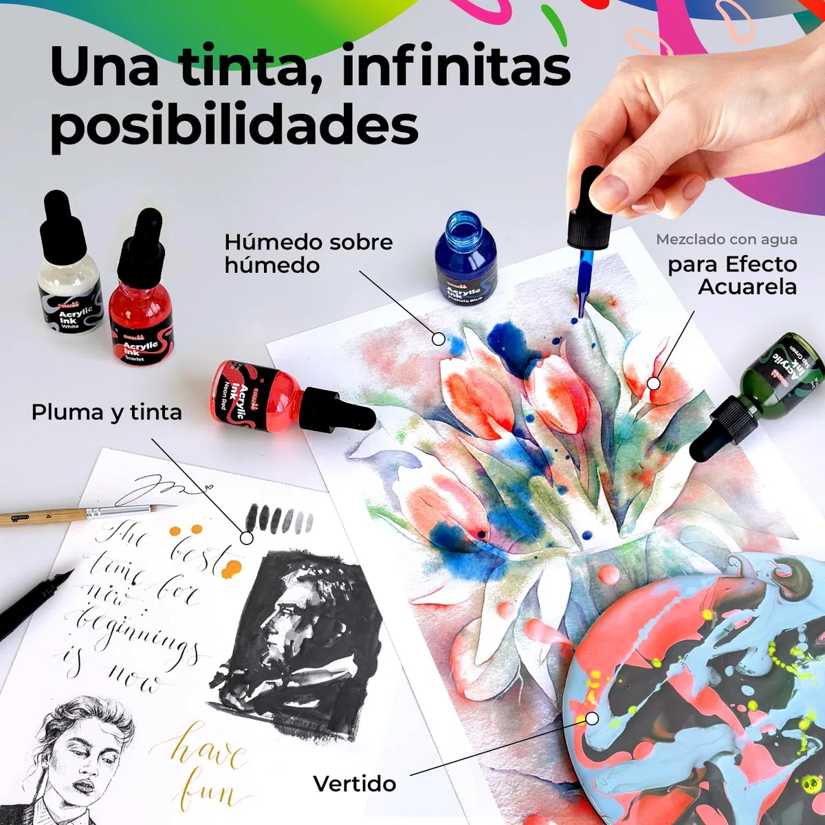 Colozoo Set de Tinta Acrílica 8x20ml, permanente y resistente al agua, 6 colores primarios y 2 neón, pintura líquida para aerógrafo, pouring, medium acrílico, tinta acrílica para todas las superficies