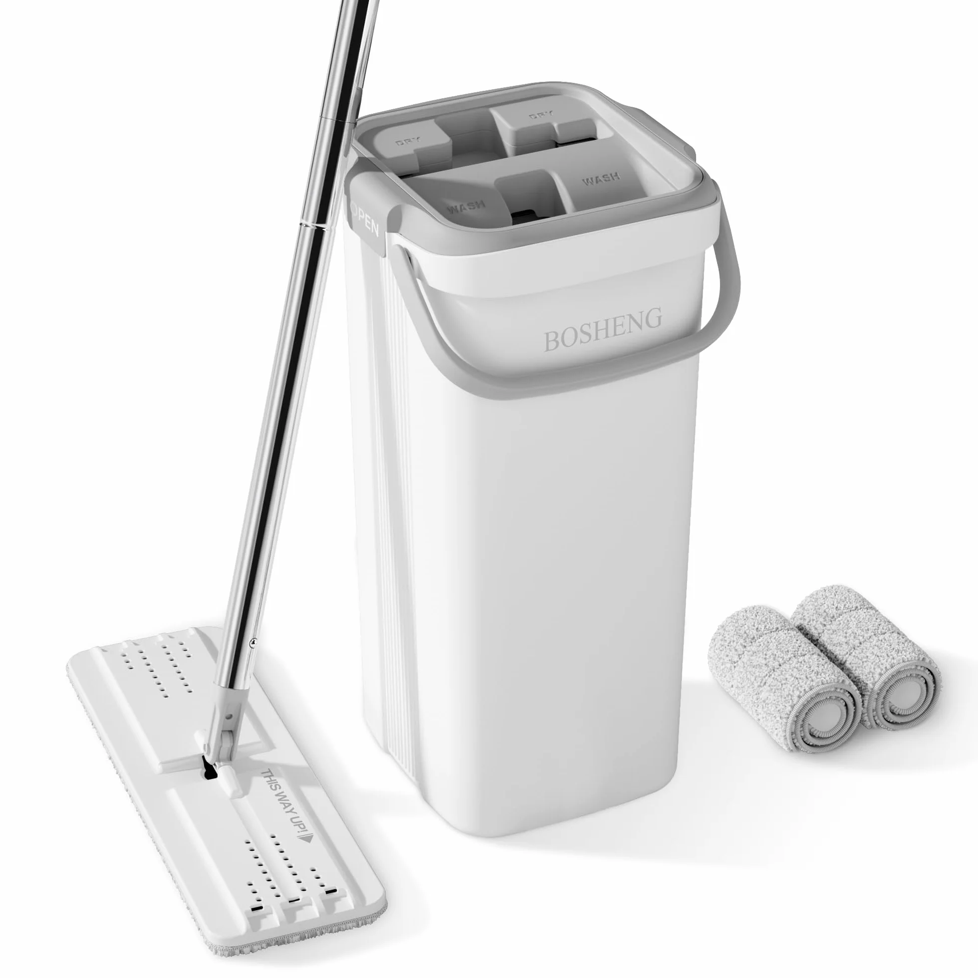 BOSHENG Juego de fregona y cubo, fregonas planas para limpieza de suelos, mopa de pared con mango extensible de 60 pulgadas, mopa de piso de madera dura con 2 almohadillas de microfibra
