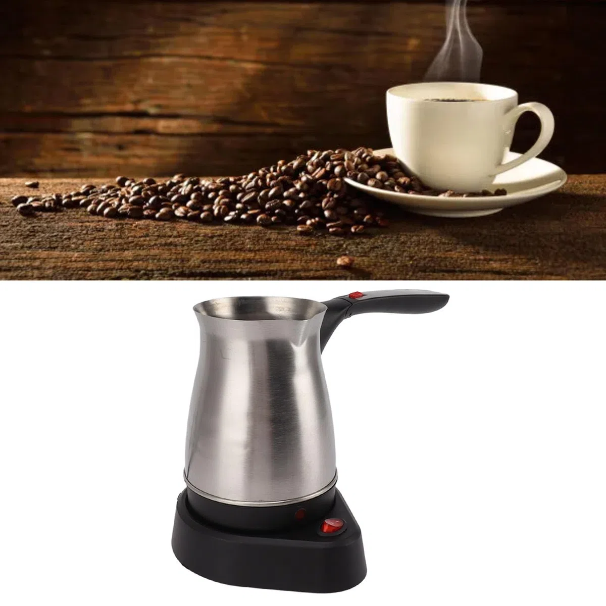 Máquina de Café Turco Eléctrica 600W Compacta, con Plegable antiescaldaduras, Turca de Acero Inoxidable para Casa y Oficina (500ml)