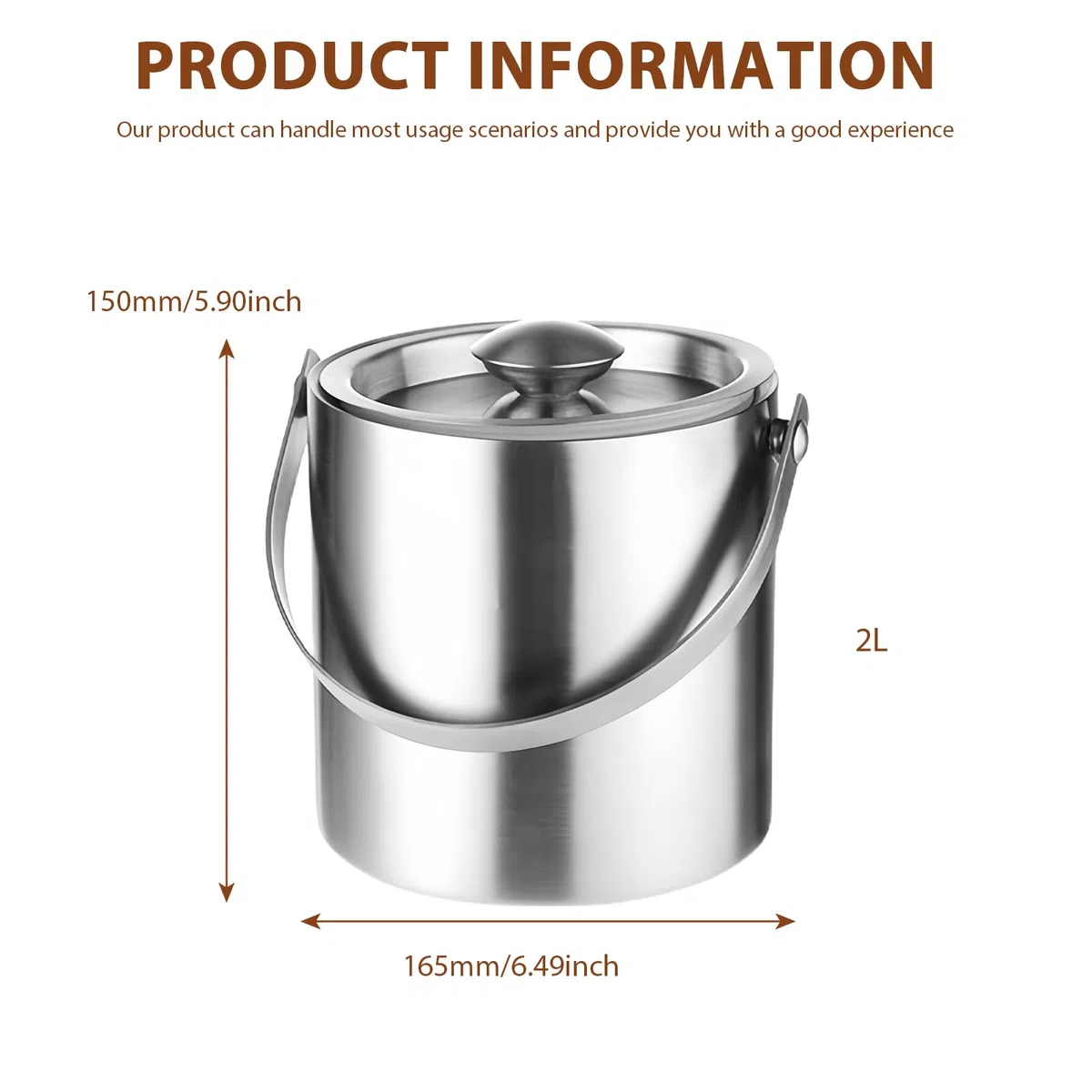 Cubitera con Tapa Hermética, 2 litros Cubitera de Acero Inoxidable, Cubo de Champán Doble Pared Aislante Térmico con Pinza, Cubitera de Hielo para Fiestas Bares Ice Maker