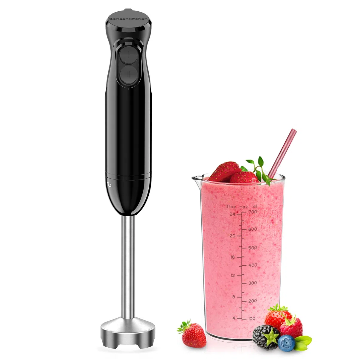 BonsenKitchen Batidora de mano, batidora de inmersión 2 en 1 de mano，vaso de precipitados de 700 ml para hacer alimentos para bebés, batidos, sopas, (negro)